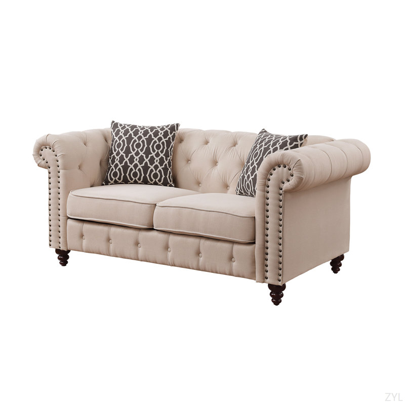 Causeuse en lin beige avec 2 coussins, Beige, Noir