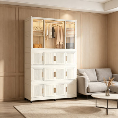 Organisateur de rangement portatif pour garde-robe pour vêtements, commode, 17 portes magnétiques - 17 cubes et 1 tringle, 6 cintres, armoire de rangement pour garde-robe pour bébé, blanc