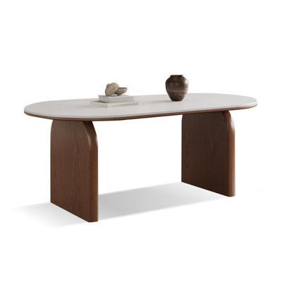 62.99" White+Nut-brown Oval Stone+Solid Wood Butterfly Leaf  Dining Table