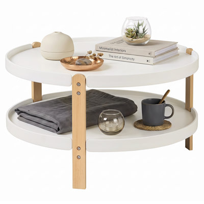 2-Tier Round Coffee Table with Open Storage Shelf, Solid Beech Wood Legs for Home White & Natural
