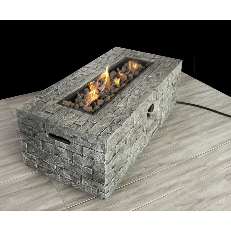 Gray Fiber Concrete Gas Fire Pit Table with Stone Finish