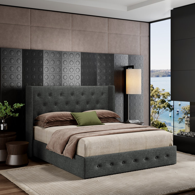 Bertile Linen Tufted Upholstered Storage Platform Bed,No Box Spring Needed,Spacious Storage Space, Full/Double, Dark Gray