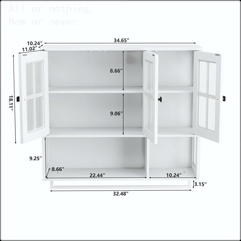 Armoire murale en bois 3 portes avec porte en verre et porte-serviettes, Blanc
