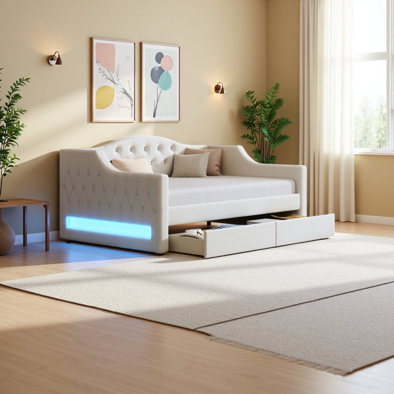 Upholstered Twin XL Size Daybed With LED Belt And 2 Drawers, Beige