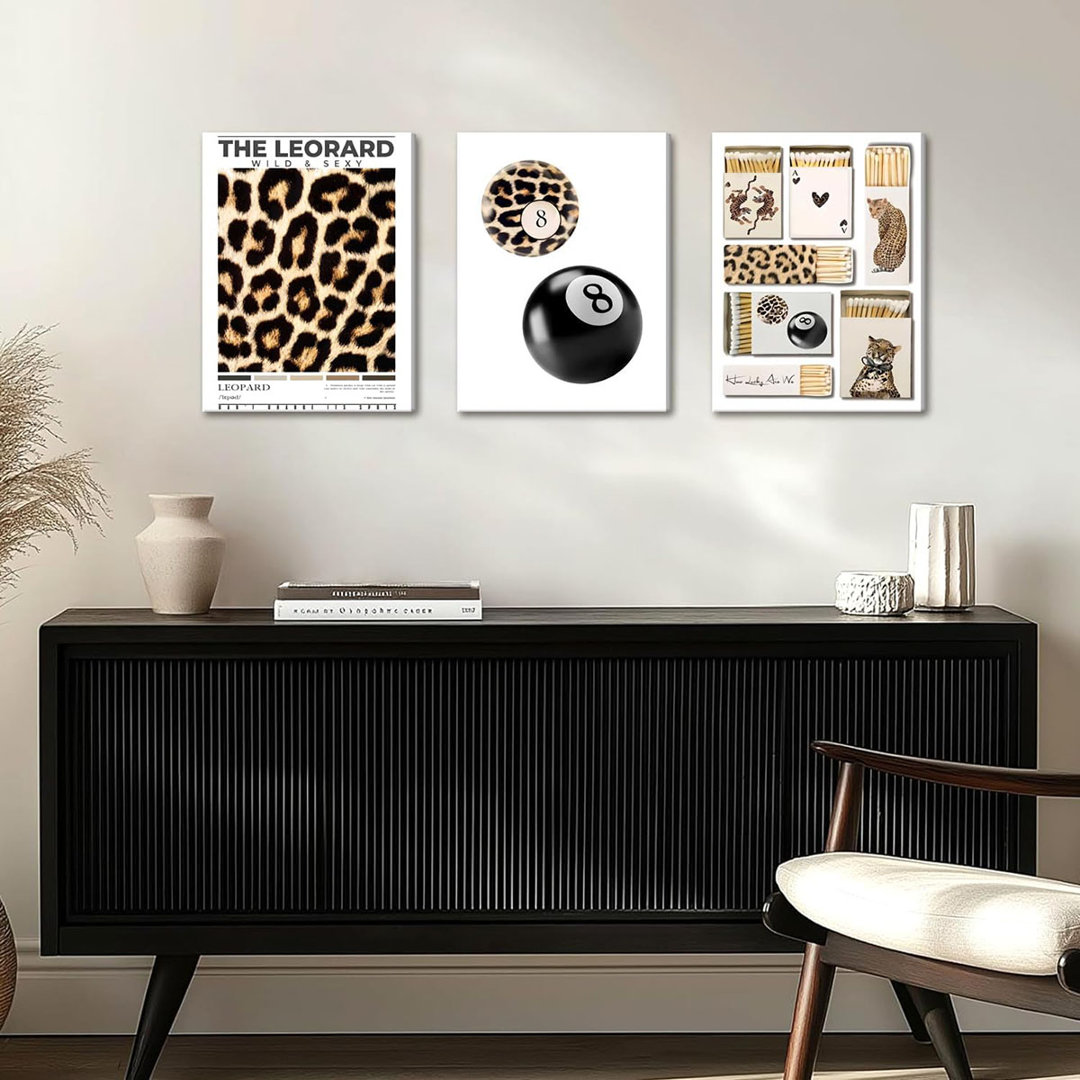 Framed Trendy Leopard Canvas Wall Art Set Of 3, Preppy Cheetah Lucky 8 Ball Pictures Wall Decor Prints, Funky Y2K Paintings Girly Aesthetic Home Decor