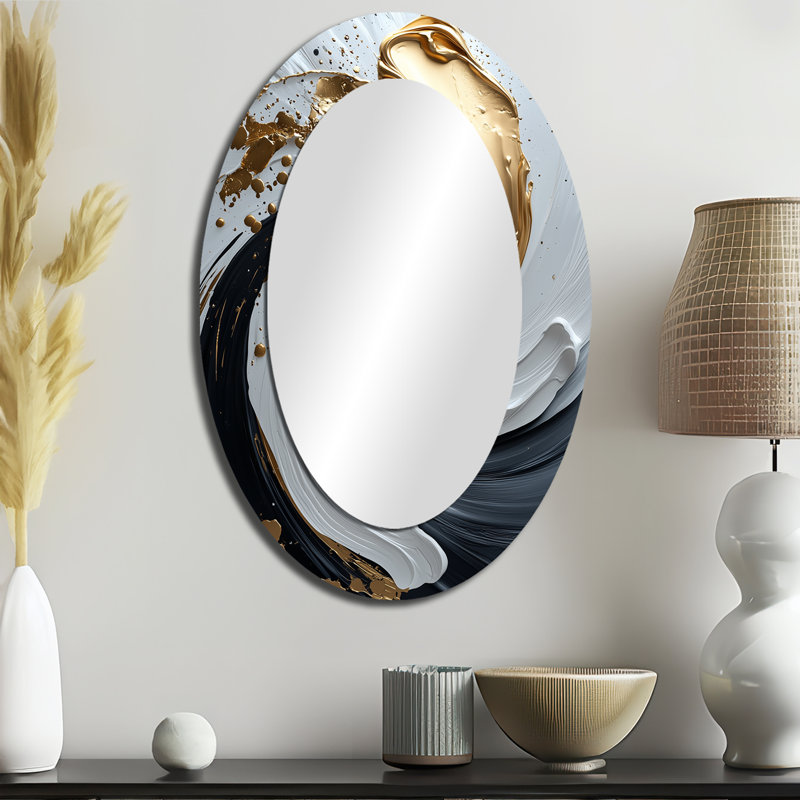 White Black Gold Cosmic Whirlpool II - Modern Oval Wall Mirror, 36" x 24"