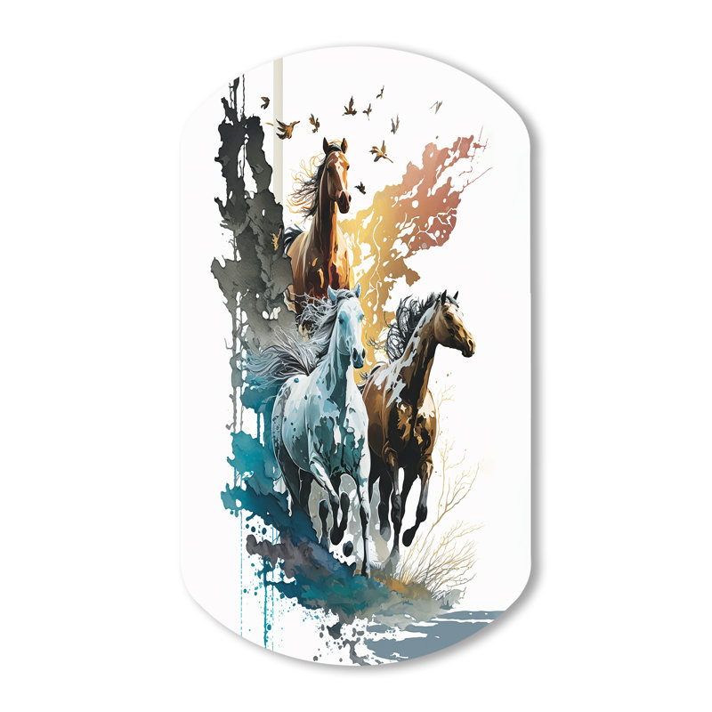 Three Horse Stampede - Décoration murale irrégulière en métal en forme de cylindre de cheval, H 31 po x l 19 po