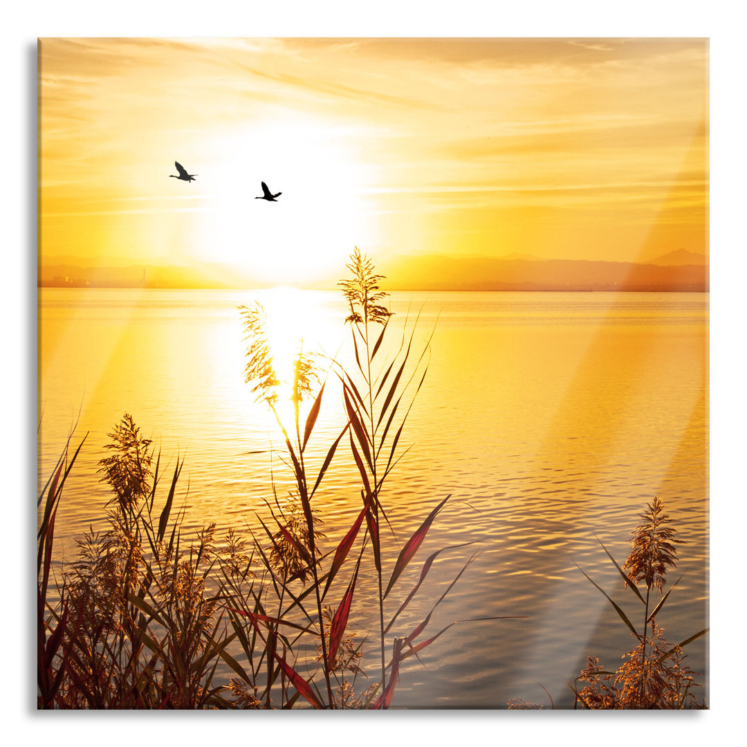 Glasbild Quadratisch  Wandbild Auf Echtglas  Sonnenuntergang Am See  Aufhängung Und Abstandshalter LQs2244