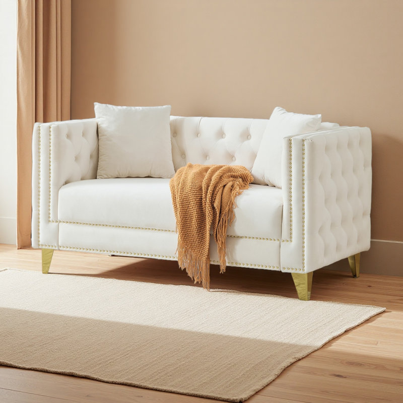 58"Chesterfield Velvet Sofa,2 Seater Deep Seat Sofa,Modern Sofa With Button Nailhead,Square Arm Couches, Beige
