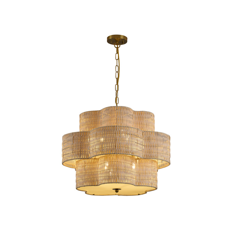 Lustre en laiton 6 lumières avec abat-jour ondulé en rotin naturel