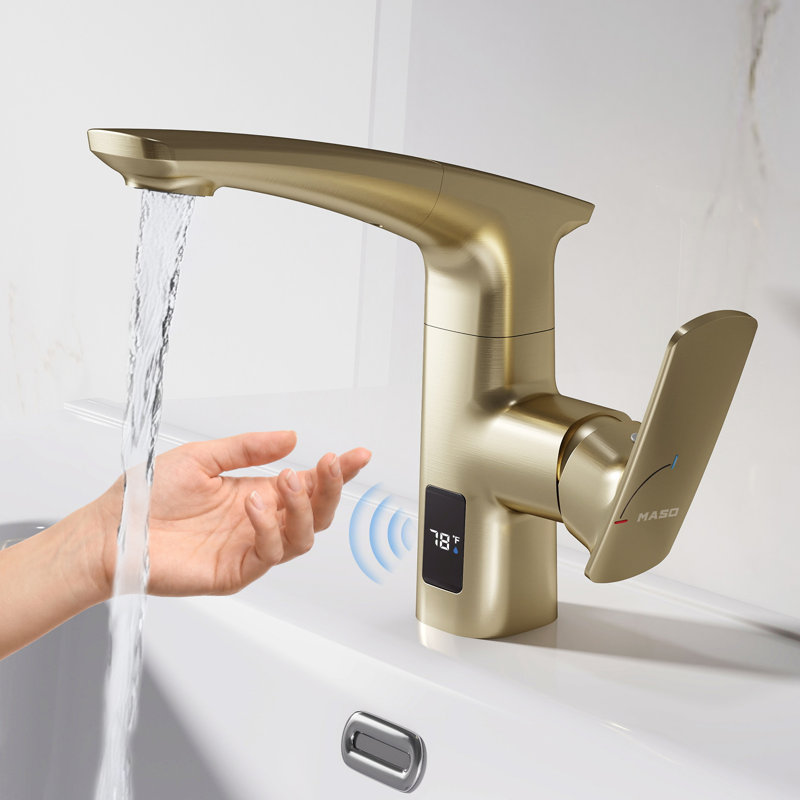 MASO Touchless Pull-Down Bathroom Sink Faucet, 2 Spray Modes, Temperature Display (°F), Motion Sensor, 360° Swivel, Single Handle, 1 or 3 Hole, Deck Plate, Vanity, Laundry & Bar, Brushed Gold