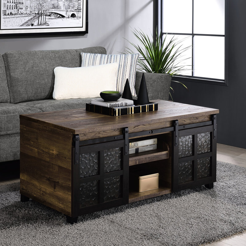 Oak Coffee Table With Sliding Doors, Rustic Charm, Versatile Storage Solution Wood Barn Ambiance For Living Room