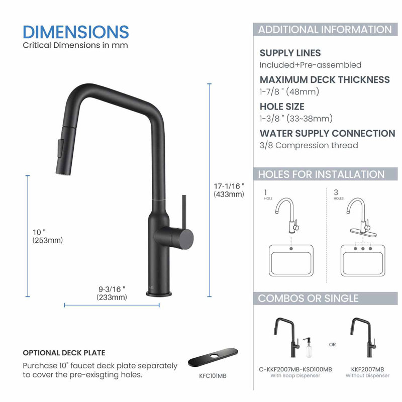 KIBI Macon Pull Down Kitchen Faucet, Matte Black, Without Soap Dispenser