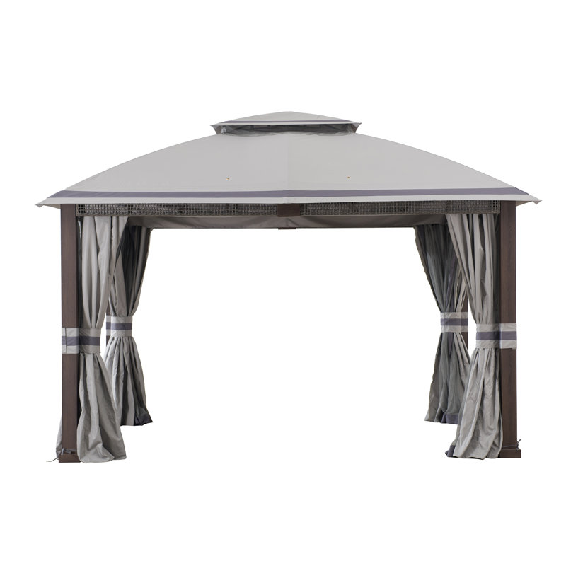 Sunjoy Outdoor Patio Steel Frame 11 x 13 ft. 2-Tier Soft Top Gazebo with Light Gray Canopy Roof, Netting and Curtains, Gray