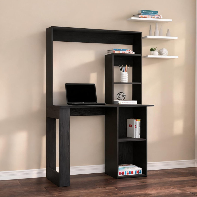 Bureau d'ordinateur avec huche et tablettes, conception compacte de 58,4 pouces de hauteur, bois d'ingénierie noir élégant