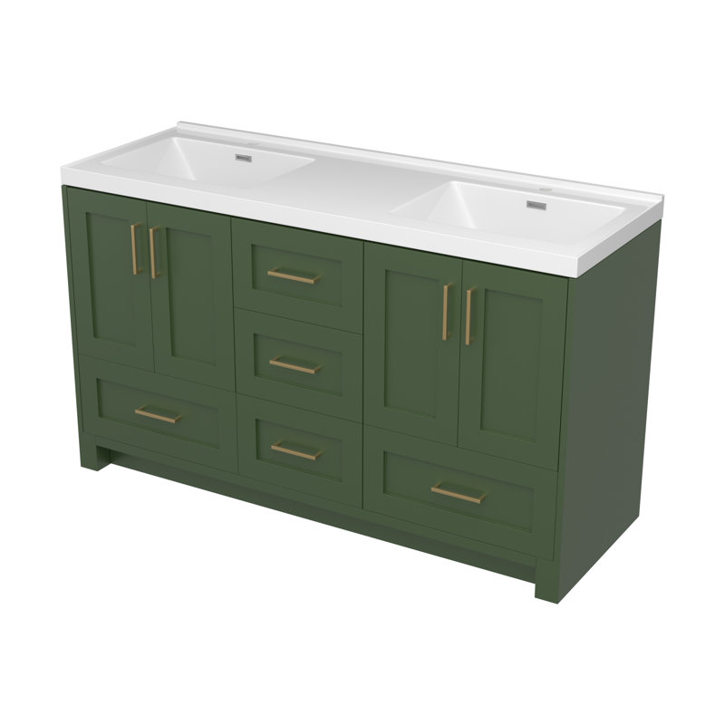 Donnal 60 po Meuble-lavabo autoportant à double cuve avec surface solide, Vert