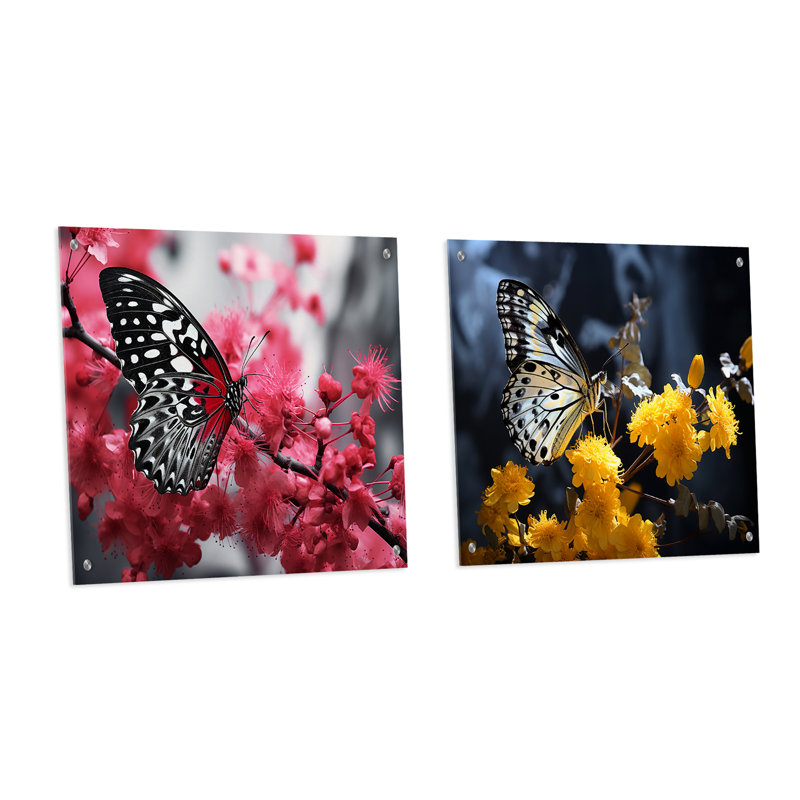 Red Grey Butterfly Haven II - Butterfly Acrylic Wall Art Glass Set Of 2, 16" H x 33" W