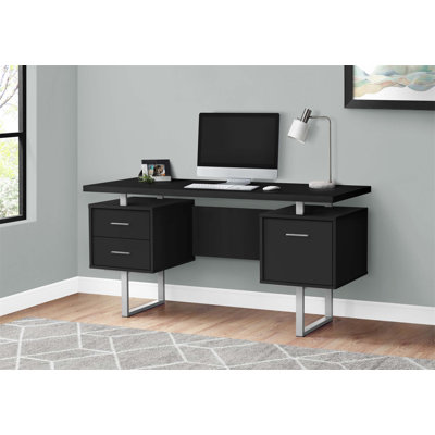 Contemporary 60-inch Computer Desk with Storage Drawers and Reversible Setup for Home Office, Black Laminate and Grey Metal