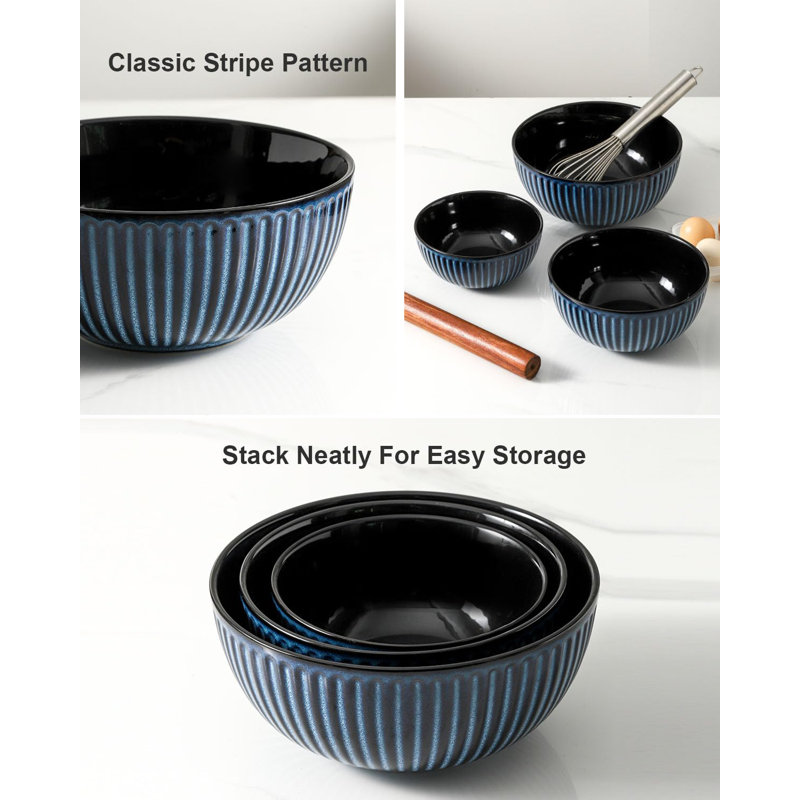 Set of 3 Large Ceramic Nesting Mixing Bowls, Navy