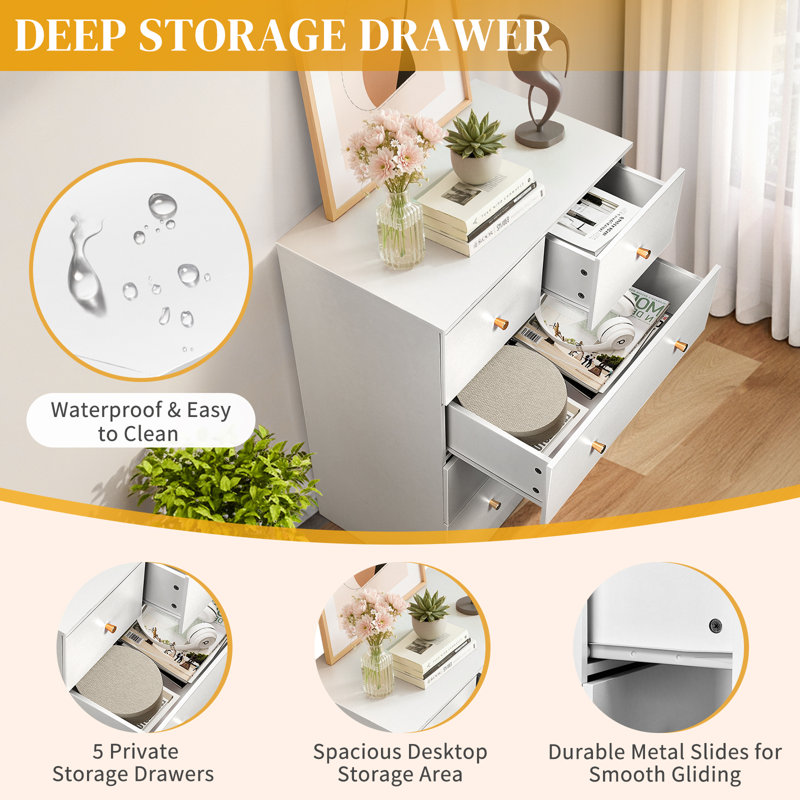  5-Drawer Dresser For Bedroom And Chest Of Drawers With Sturdy Construction Wood Storage Organizer For Closet, White