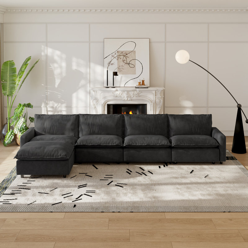 5-Piece Upholstered Modular Linen Fabric Sectional Sofa With Ottoman, Gray Linen