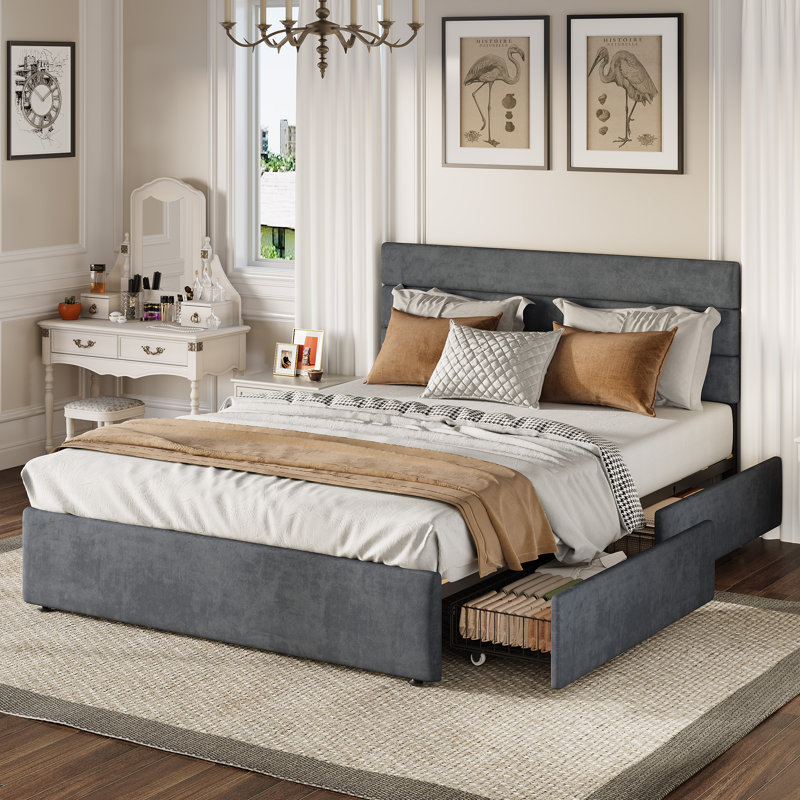 Candler Queen Bed With 4 Drawers And Headboard, Velvet Upholstered Platform Bed, Sturdy Metal & Wooden Slats Support, No Box Spring Needed, Easy Assembly