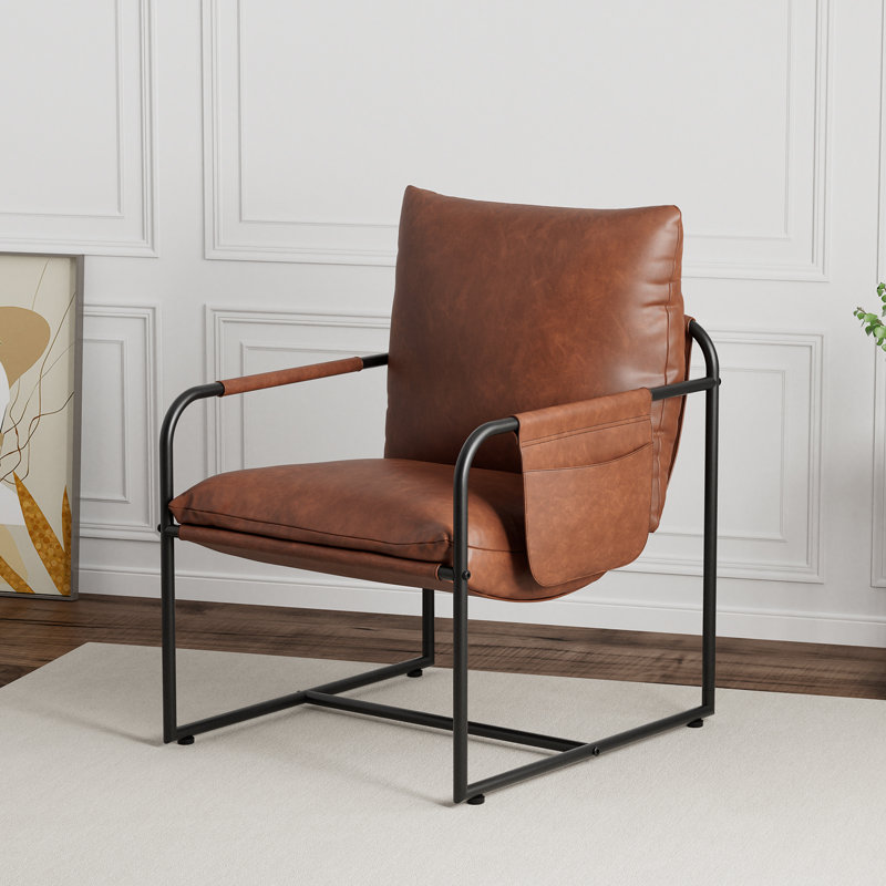 Chaise d'appoint rembourrée avec pochette de rangement, Lin brun / similicuir
