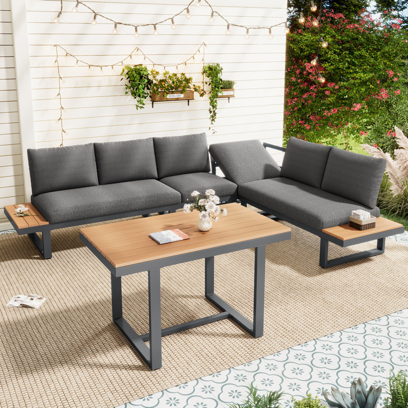 6-Person L-Shaped Garden Sofa Set with Adjustable Recline