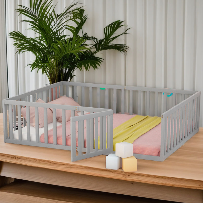 Wood Daybed Frame With Fence, Gray, Queen