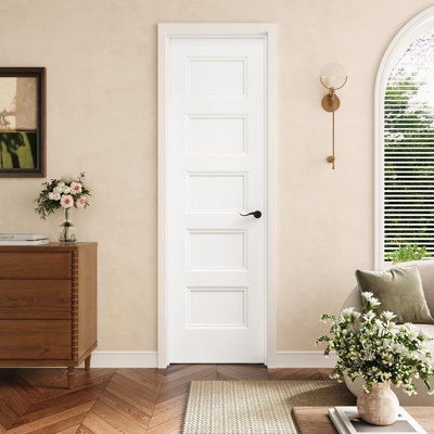 Porte intérieure pré-suspendue 24 po x 80 po à 5 panneaux creux avec charnières noires, finition blanche et peinturable, durable et imperméable, combinaison pour la lessive, portes de placard, portes de pièce, main gauche