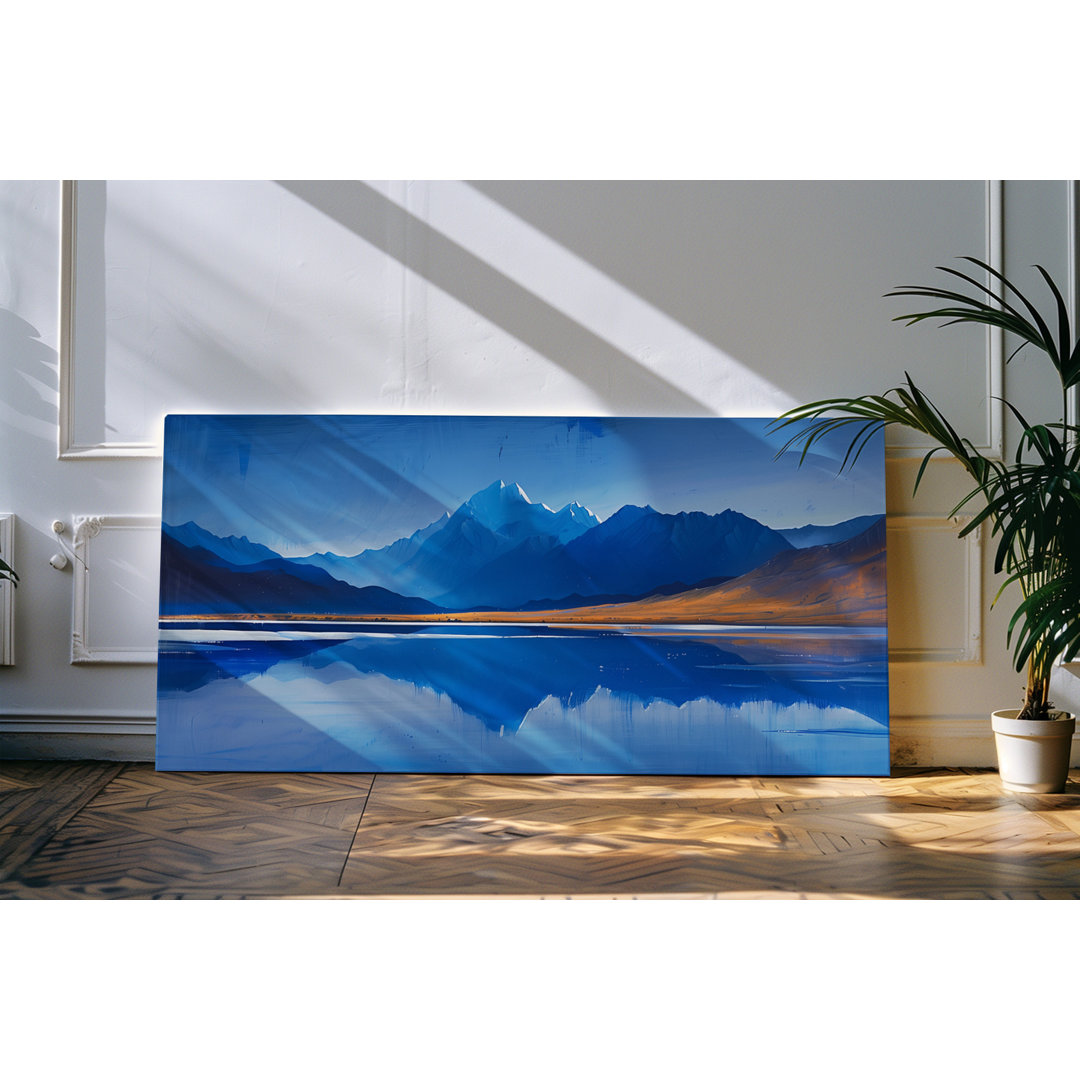 Gerahmtes Bild auf Leinwand 120x60cm Natur Berge See Blau Kunstvoll Gebirge