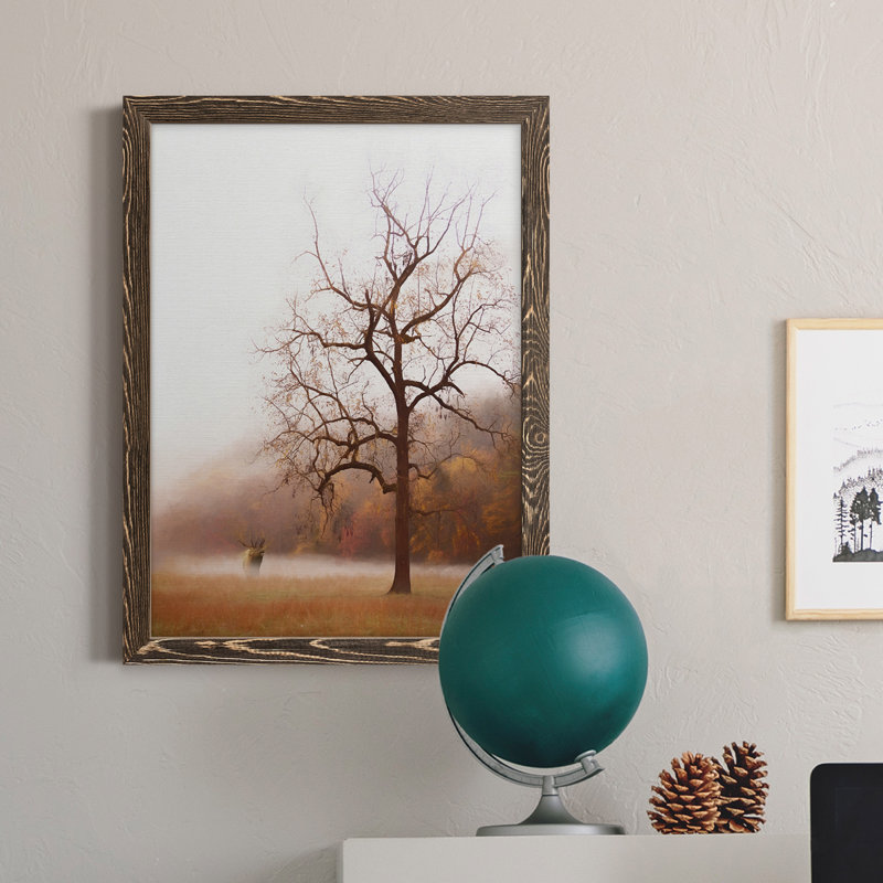 Photographie, étude, élan dans la brume, toile encadrée de qualité supérieure - prête à être accrochée, Cadre noyer