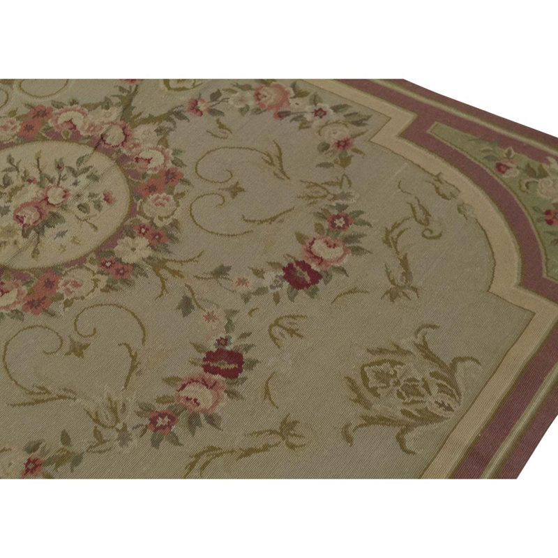 Tapis beige / vert / rose noué à la main de haute qualité