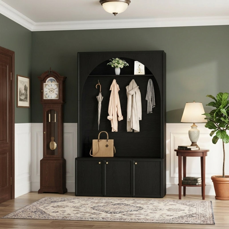 Farmhouse Hall Tree With Bench & Shoe Storage, Black