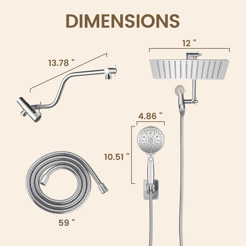 12-inch Dual Showerhead with 12- setting Handheld Showerhead and 59-inch Shower Hose, Chrome, Chrome