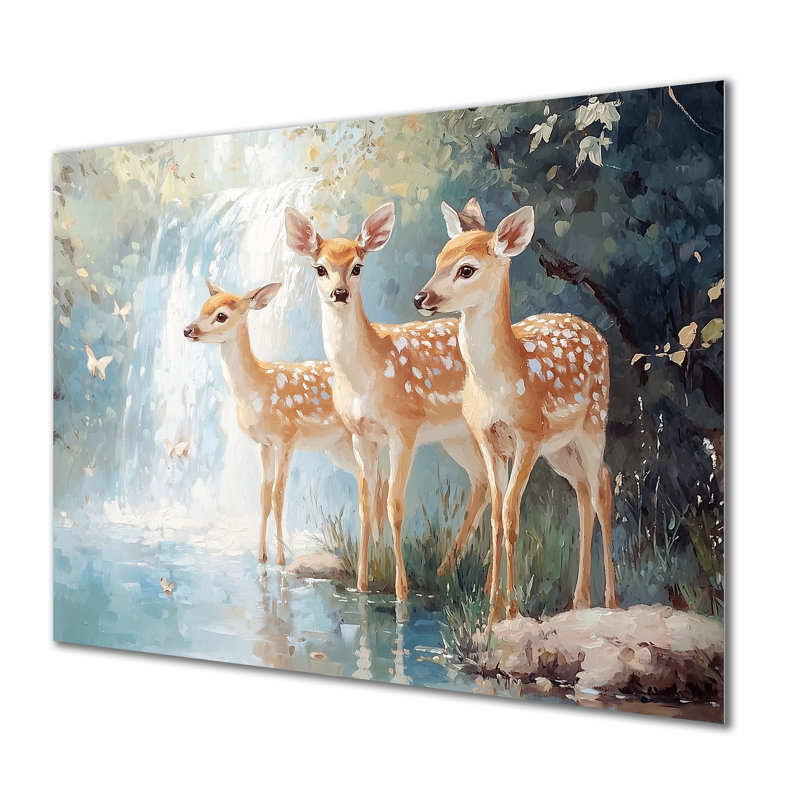 «Deer Family By A Waterfall I» - Animaux, impression métallique, H 12 po x l 20 po