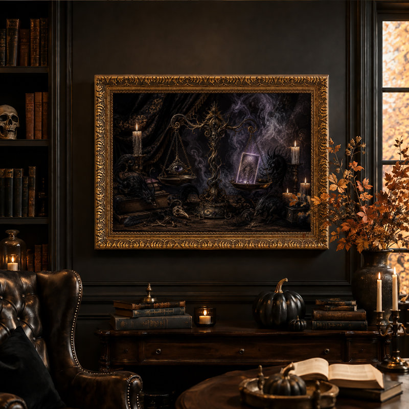 Tableau mural sur toile orné d'une balance dorée avec carte de tarot lumineuse et motif d'Halloween, H 20 po x l 30 po