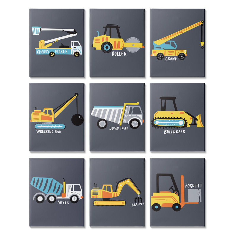«Whimsical Construction véhicules jaune bleu blanc camions» par Arrolynn Weiderhold - ensemble de 9 impressions sur toile tendue