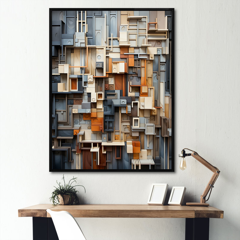 Abstrait taupe, bâtiment I, sur toile, Cadre flottant noir, H 44 po x l 34 po x P 1,5 po