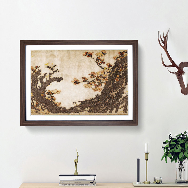 Ancient Plum Tree by Katsushika Hokusai - 1 Piece Single Picture Frame Painting, 33cm H x 45cm W x 2cm D, Walnut Framed