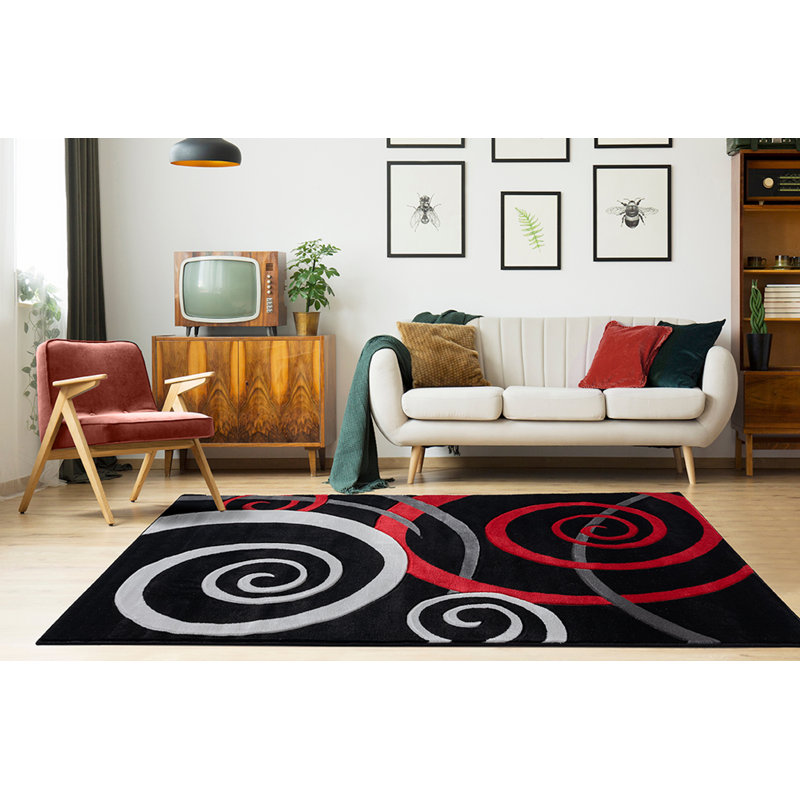 Tapis noir / rouge à motif abstrait Adonia, Rectangle 6 pi 9 po x 9 pi 6 po