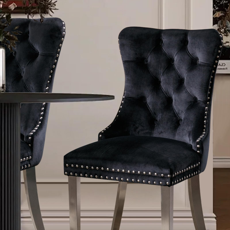 Chaise de salle à manger en velours avec anneau à dossier et pieds en bois massif, Argent argent, Noir, 2