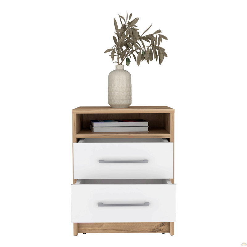 Nightstand Cartiz, Two Drawers, White/Light Oak