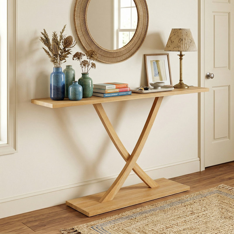 Console de 57 po en bois massif, structure en bois de teck naturel et motif géométrique unique, finition imperméable résistante aux égratignures et conception anti-basculement, convient au salon et à l'entrée