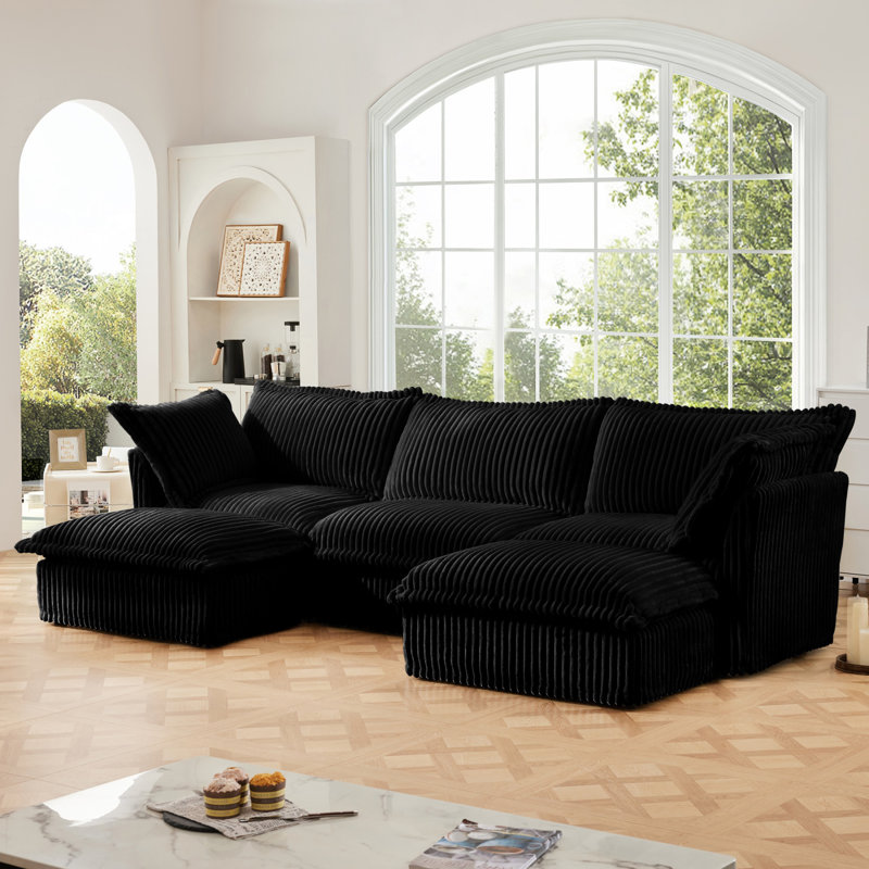 Slipcovered U-Shape 4 Seater Sectional Sofa With Reversible Ottoman And French Edge Pillows, Comfortable Deep Seat Cloud Couch, Black Corduroy