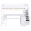 Lit mezzanine double avec bureau intégré en forme de L et tablettes de rangement à trois niveaux, et escalier de rangement attaché, blanc