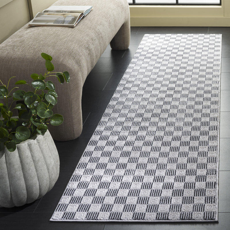 Slate Performance Checkered Rug, Runner 2' x 8'