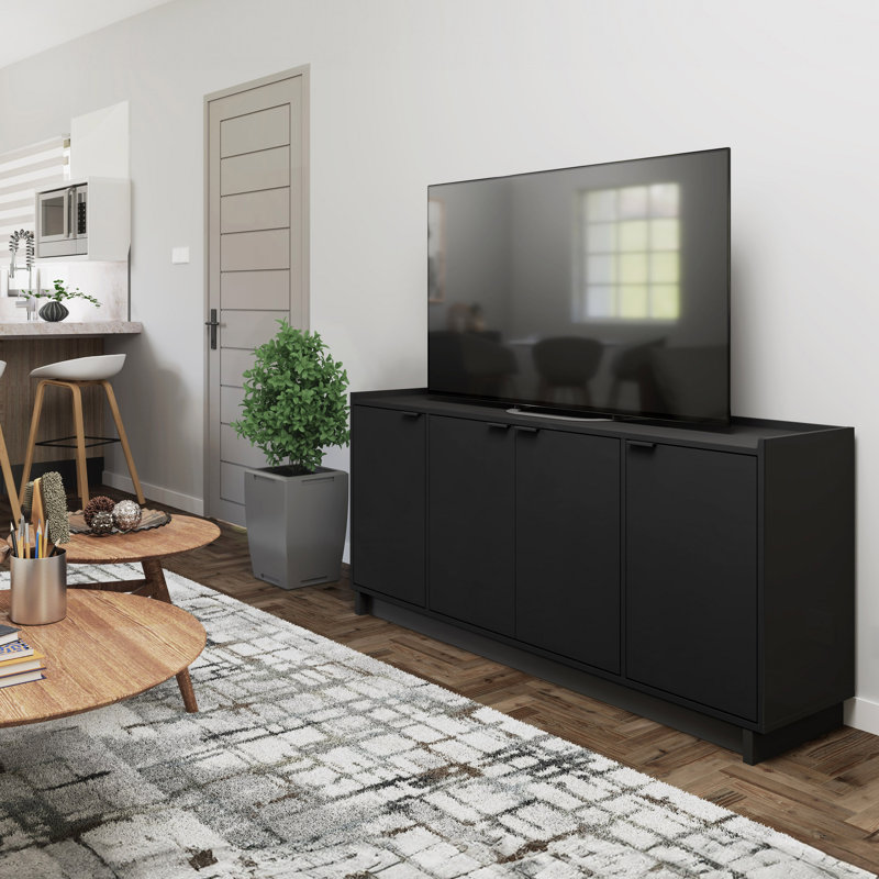 Prepac Black 4-Door Console Table with Adjustable Shelving