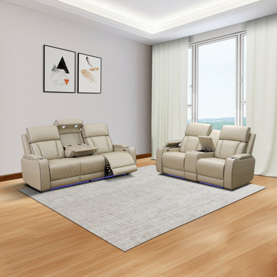 2-Piece Breathing Leather Power Recliner Sofa Set With LED Light,Wireless Charging Station,Reading Light,And Storage Armrest by Brayden Studio