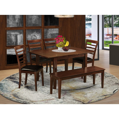 Ensemble de salle à manger 6 pièces comprenant une table rectangulaire avec rallonge papillon, 4 chaises rembourrées en similicuir et une banquette, 91 x 137 cm, acajou.